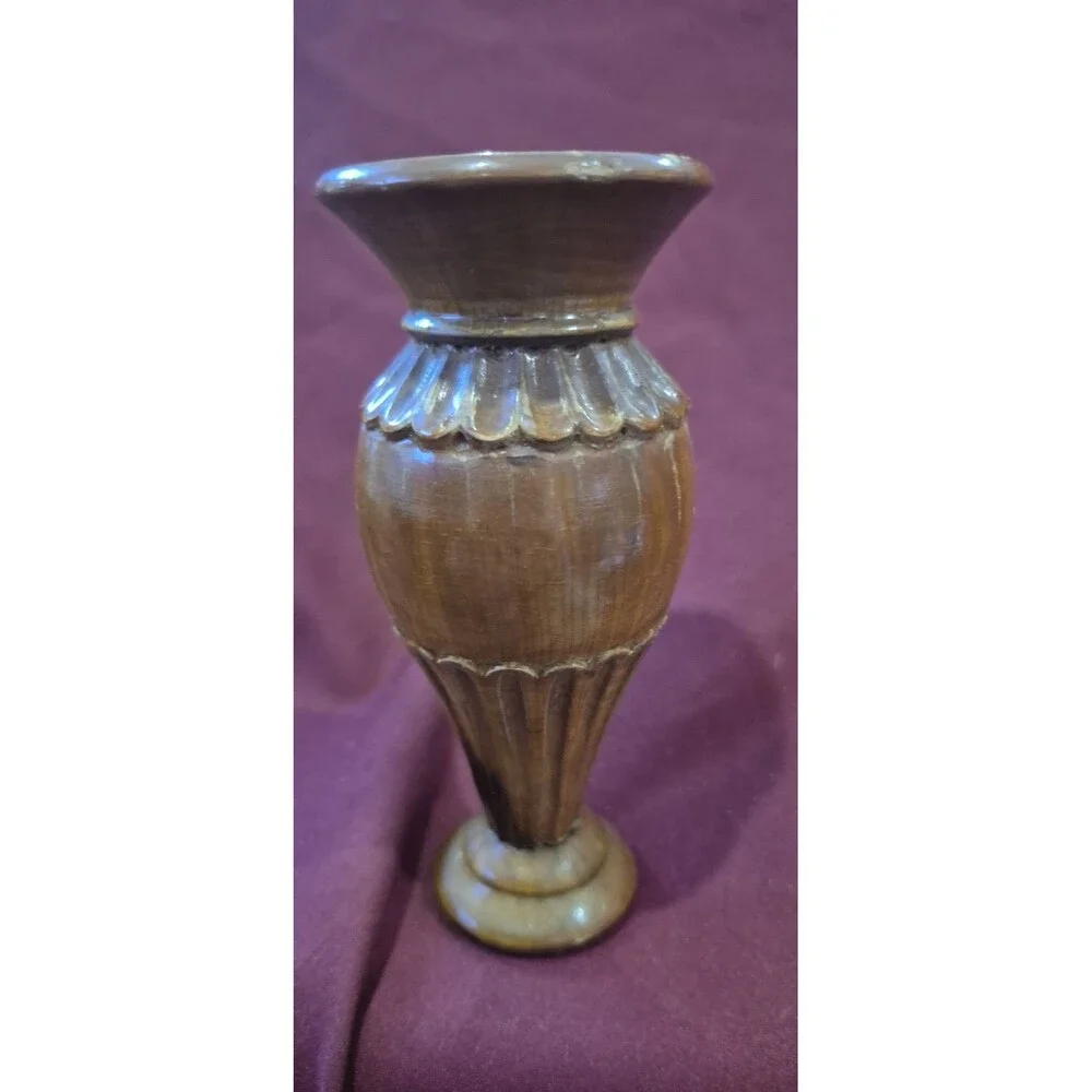 1919 Antique Olive Wooden Bud Vase Kepkypa  Hand Painted 5 Inch Water Mountians